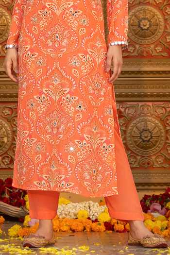 Sajeda A Lehry_Orange Crepe Embroidery, Mirrors Round Neck, Yes Indu Printed Kurta Pant Set _Online_at_Aza_Fashions