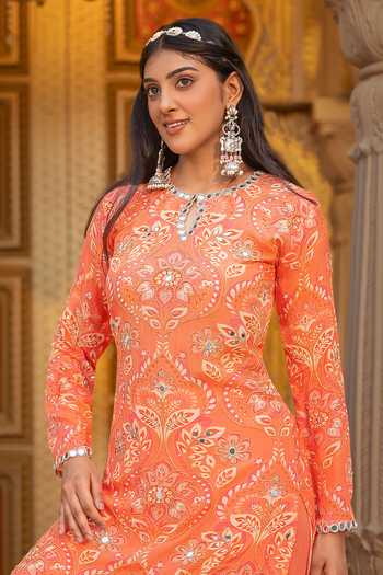 Buy_Sajeda A Lehry_Orange Crepe Embroidery, Mirrors Round Neck, Yes Indu Printed Kurta Pant Set _Online_at_Aza_Fashions