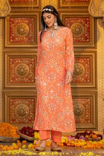 Shop_Sajeda A Lehry_Orange Crepe Embroidery, Mirrors Round Neck, Yes Indu Printed Kurta Pant Set _at_Aza_Fashions
