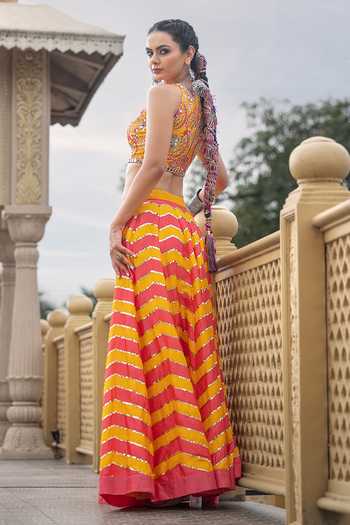 Shop_Sajeda A Lehry_Yellow Silk Embroidery, Sequins, Mirrors Leher Chevron Raw Lehenga And Blouse Set _at_Aza_Fashions