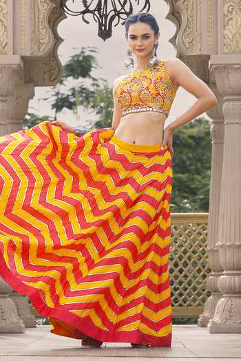 Buy_Sajeda A Lehry_Yellow Silk Embroidery, Sequins, Mirrors Leher Chevron Raw Lehenga And Blouse Set _Online_at_Aza_Fashions