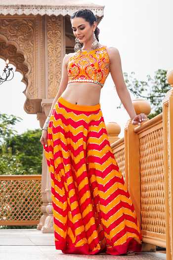 Buy_Sajeda A Lehry_Yellow Silk Embroidery, Sequins, Mirrors Leher Chevron Raw Lehenga And Blouse Set _at_Aza_Fashions