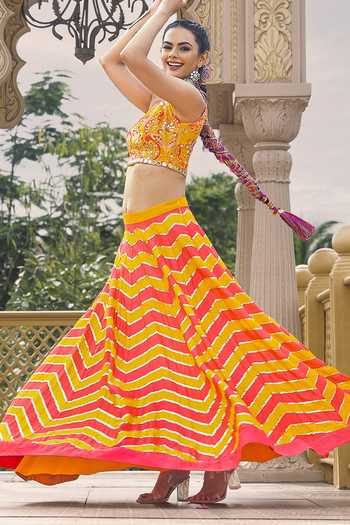 Shop_Sajeda A Lehry_Yellow Silk Embroidery, Sequins, Mirrors Leher Chevron Raw Lehenga And Blouse Set _Online_at_Aza_Fashions