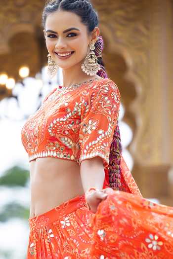 Sajeda A Lehry_Orange Georgette Embroidery, Mirrors Heer Printed Lehenga Set _Online_at_Aza_Fashions