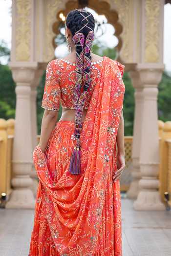 Buy_Sajeda A Lehry_Orange Georgette Embroidery, Mirrors Heer Printed Lehenga Set _Online_at_Aza_Fashions
