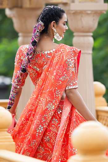 Shop_Sajeda A Lehry_Orange Georgette Embroidery, Mirrors Heer Printed Lehenga Set _Online_at_Aza_Fashions