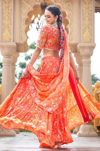 Shop_Sajeda A Lehry_Orange Georgette Embroidery, Mirrors Heer Printed Lehenga Set _at_Aza_Fashions