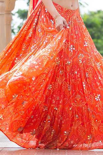 Buy_Sajeda A Lehry_Orange Georgette Embroidery, Mirrors Heer Printed Lehenga Set 