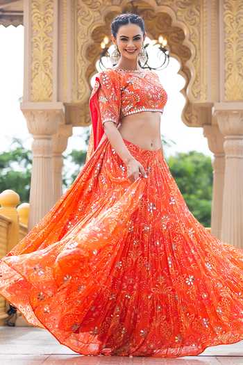 Buy_Sajeda A Lehry_Orange Georgette Embroidery, Mirrors Heer Printed Lehenga Set _at_Aza_Fashions