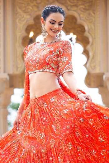 Shop_Sajeda A Lehry_Orange Georgette Embroidery, Mirrors Heer Printed Lehenga Set 
