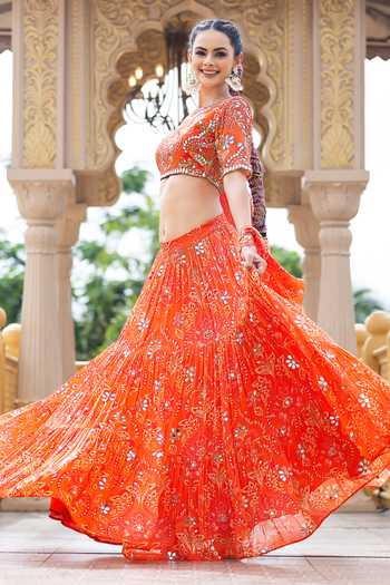 Buy_Sajeda A Lehry_Orange Georgette Embroidery, Mirrors Heer Printed Lehenga Set _Online