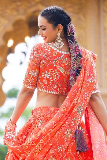 Shop_Sajeda A Lehry_Orange Georgette Embroidery, Mirrors Heer Printed Lehenga Set _Online