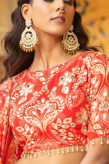 Sajeda A Lehry_Red Georgette, Shantoon Embroidery, Mirrors Round Neck Heer Printed Lehenga Set _Online_at_Aza_Fashions