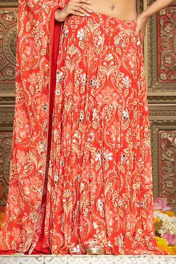 Shop_Sajeda A Lehry_Red Georgette, Shantoon Embroidery, Mirrors Round Neck Heer Printed Lehenga Set _Online_at_Aza_Fashions