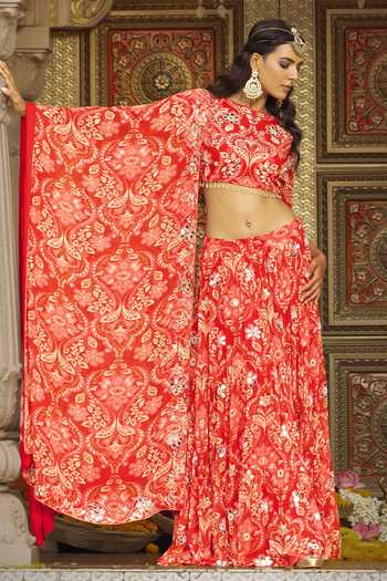 Sajeda A Lehry_Red Georgette, Shantoon Embroidery, Mirrors Round Neck Heer Printed Lehenga Set _at_Aza_Fashions