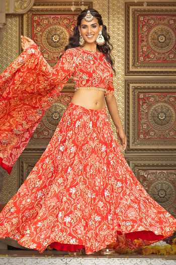 Shop_Sajeda A Lehry_Red Georgette, Shantoon Embroidery, Mirrors Round Neck Heer Printed Lehenga Set _at_Aza_Fashions