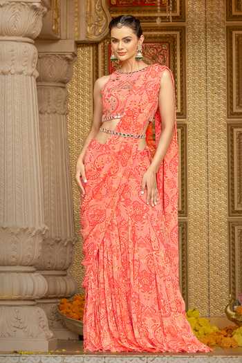Buy_Sajeda A Lehry_Pink Georgette, Shantoon Floral Print Pre-draped Lehenga Saree With Blouse _Online_at_Aza_Fashions