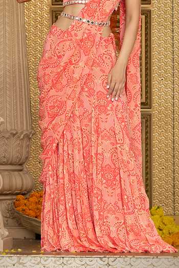 Shop_Sajeda A Lehry_Pink Georgette, Shantoon Floral Print Pre-draped Lehenga Saree With Blouse _Online_at_Aza_Fashions