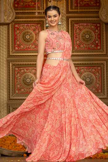 Sajeda A Lehry_Pink Georgette, Shantoon Floral Print Pre-draped Lehenga Saree With Blouse _at_Aza_Fashions