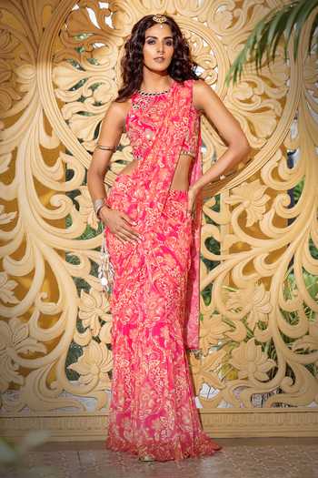 Shop_Sajeda A Lehry_Pink Georgette Embroidery, Mirrors Ziya Pre-draped Printed Saree And Blouse Set _at_Aza_Fashions
