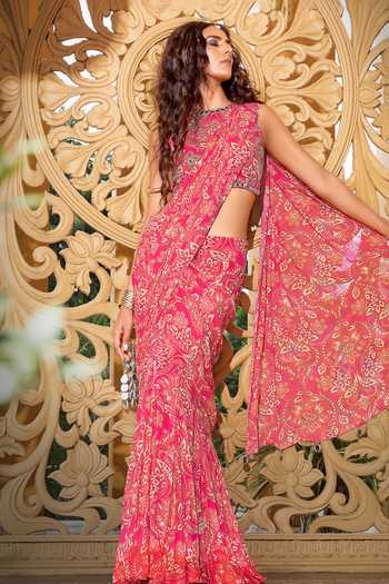 Sajeda A Lehry_Pink Georgette Embroidery, Mirrors Ziya Pre-draped Printed Saree And Blouse Set _at_Aza_Fashions