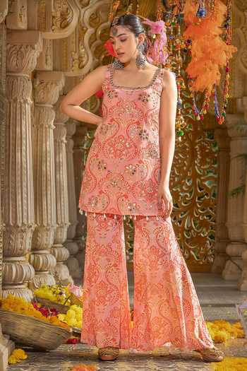 Buy_Sajeda A Lehry_Pink Georgette, Crepe Embroidery, Pearls, Sitaara Printed Kurta And Sharara Set _at_Aza_Fashions