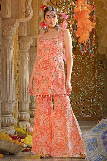 Sajeda A Lehry_Pink Georgette, Crepe Embroidery, Pearls, Sitaara Printed Kurta And Sharara Set _Online_at_Aza_Fashions