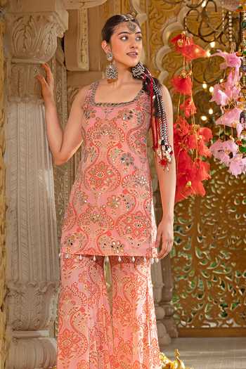 Shop_Sajeda A Lehry_Pink Georgette, Crepe Embroidery, Pearls, Sitaara Printed Kurta And Sharara Set _Online_at_Aza_Fashions