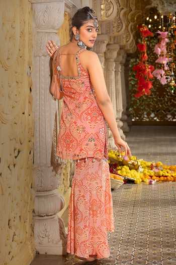 Shop_Sajeda A Lehry_Pink Georgette, Crepe Embroidery, Pearls, Sitaara Printed Kurta And Sharara Set _at_Aza_Fashions