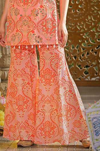 Sajeda A Lehry_Pink Georgette, Crepe Embroidery, Pearls, Sitaara Printed Kurta And Sharara Set _at_Aza_Fashions