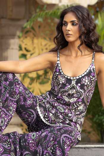 Sajeda A Lehry_Green Georgette Embroidery, Mirrors Cowl Neck, Sitaara Printed Kurta Sharara Set _Online_at_Aza_Fashions