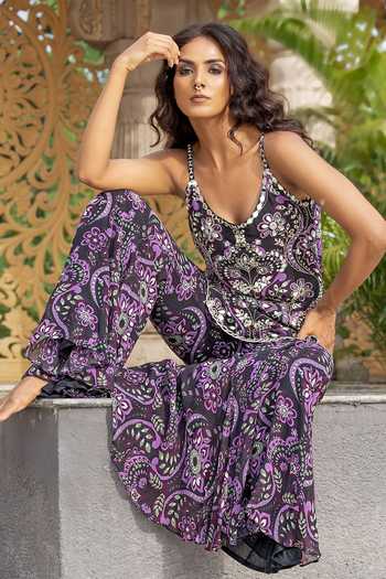 Shop_Sajeda A Lehry_Green Georgette Embroidery, Mirrors Cowl Neck, Sitaara Printed Kurta Sharara Set _at_Aza_Fashions