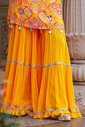 Sajeda A Lehry_Yellow Georgette, Crepe Embroidery, Mirrors Ruhani Printed Kurta Sharara Set _Online_at_Aza_Fashions