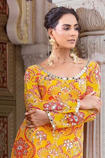 Buy_Sajeda A Lehry_Yellow Georgette, Crepe Embroidery, Mirrors Ruhani Printed Kurta Sharara Set _Online_at_Aza_Fashions