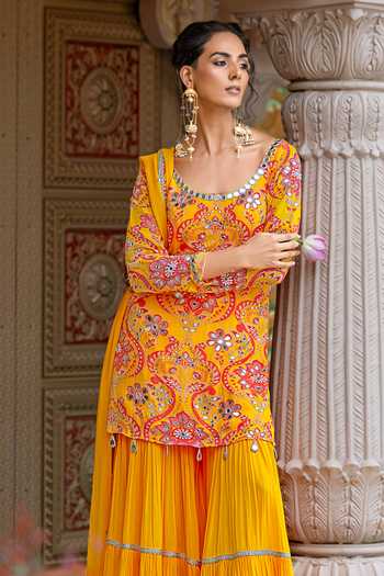 Shop_Sajeda A Lehry_Yellow Georgette, Crepe Embroidery, Mirrors Ruhani Printed Kurta Sharara Set _Online_at_Aza_Fashions