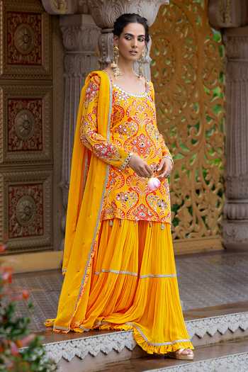 Sajeda A Lehry_Yellow Georgette, Crepe Embroidery, Mirrors Ruhani Printed Kurta Sharara Set _at_Aza_Fashions