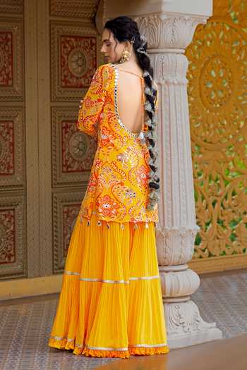 Buy_Sajeda A Lehry_Yellow Georgette, Crepe Embroidery, Mirrors Ruhani Printed Kurta Sharara Set 