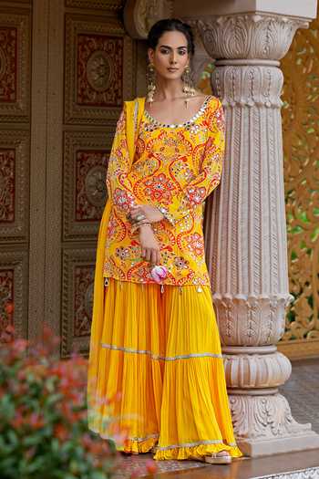 Shop_Sajeda A Lehry_Yellow Georgette, Crepe Embroidery, Mirrors Ruhani Printed Kurta Sharara Set 