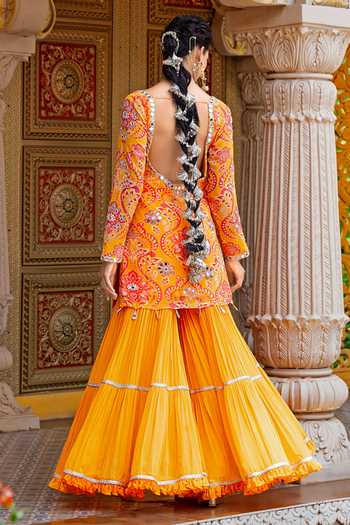 Shop_Sajeda A Lehry_Yellow Georgette, Crepe Embroidery, Mirrors Ruhani Printed Kurta Sharara Set _at_Aza_Fashions