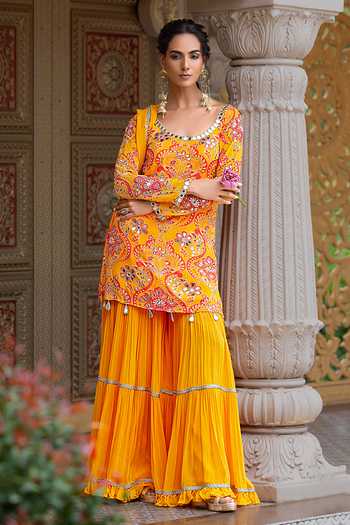 Sajeda A Lehry_Yellow Georgette, Crepe Embroidery, Mirrors Ruhani Printed Kurta Sharara Set _Online