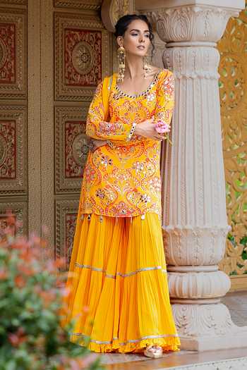Buy_Sajeda A Lehry_Yellow Georgette, Crepe Embroidery, Mirrors Ruhani Printed Kurta Sharara Set _Online