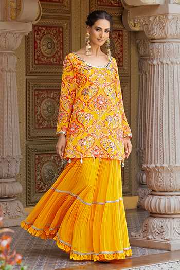 Shop_Sajeda A Lehry_Yellow Georgette, Crepe Embroidery, Mirrors Ruhani Printed Kurta Sharara Set _Online