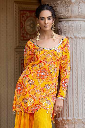 Sajeda A Lehry_Yellow Georgette, Crepe Embroidery, Mirrors Ruhani Printed Kurta Sharara Set 