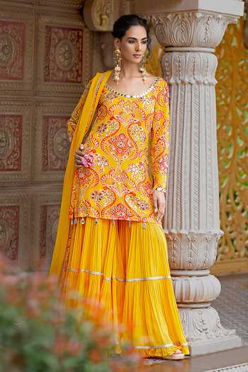 Sajeda A Lehry_Yellow Georgette, Crepe Embroidery, Mirrors Ruhani Printed Kurta Sharara Set 