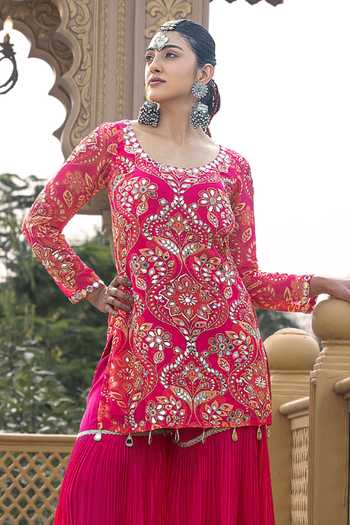 Buy_Sajeda A Lehry_Pink Georgette, Crepe Embroidery, Mirrors Ruhani Printed Kurta And Sharara Set _Online_at_Aza_Fashions