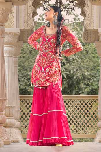 Shop_Sajeda A Lehry_Pink Georgette, Crepe Embroidery, Mirrors Ruhani Printed Kurta And Sharara Set _Online_at_Aza_Fashions