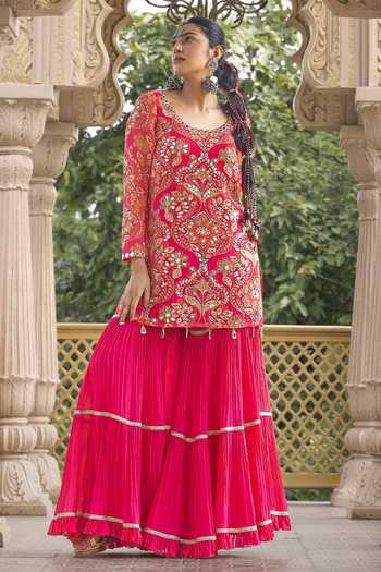 Shop_Sajeda A Lehry_Pink Georgette, Crepe Embroidery, Mirrors Ruhani Printed Kurta And Sharara Set _at_Aza_Fashions