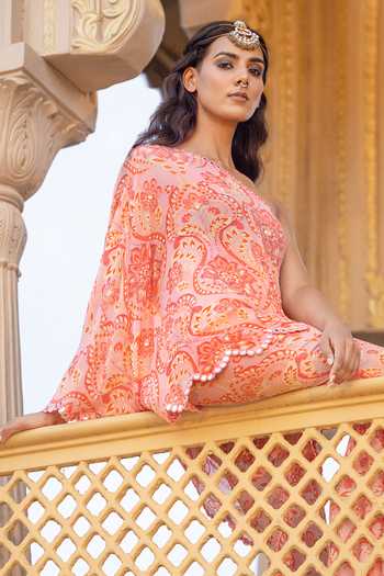 Sajeda A Lehry_Pink Crepe Embroidery, Mirrors One Shoulder Floral Print Top Sharara Set _Online_at_Aza_Fashions