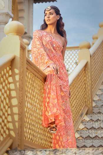 Buy_Sajeda A Lehry_Pink Crepe Embroidery, Mirrors One Shoulder Floral Print Top Sharara Set _Online_at_Aza_Fashions