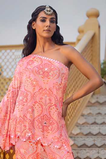Shop_Sajeda A Lehry_Pink Crepe Embroidery, Mirrors One Shoulder Floral Print Top Sharara Set _Online_at_Aza_Fashions